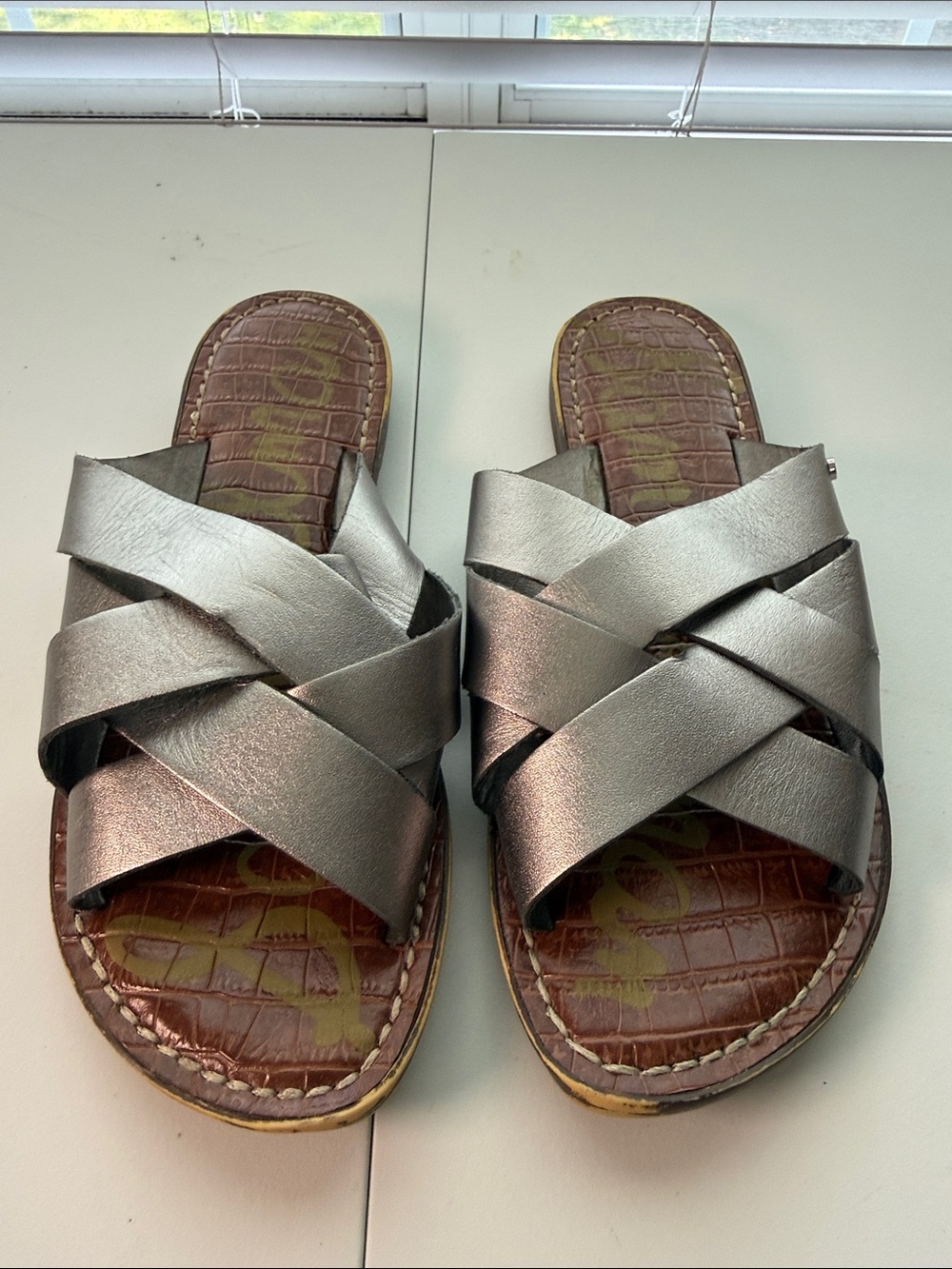 Sam Edelman Metallic Pewter Crisscross Slide Sandals